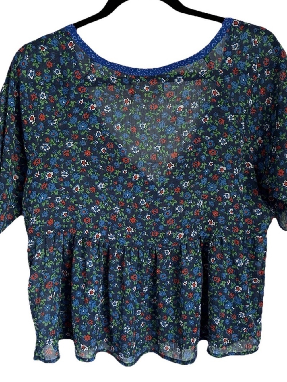 Hollister Womens S Blue Ditsy Floral Pleated Sheer Chiffon Top Boho Cottage - Picture 3 of 16
